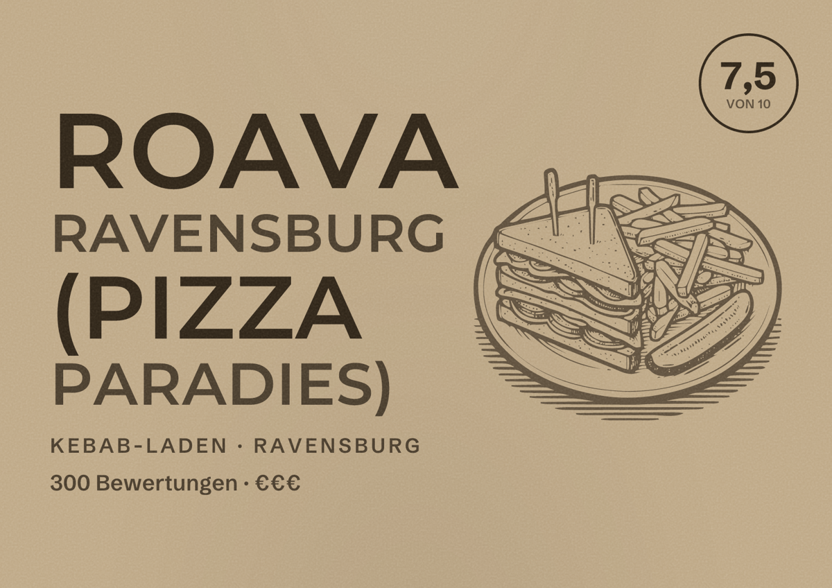 Illustriertes Poster von Roava Ravensburg (Pizza Paradies), Kebab-Laden in Ravensburg: Bewertung 7,5 von 10 aus 300 Bewertungen, Preisniveau €€€