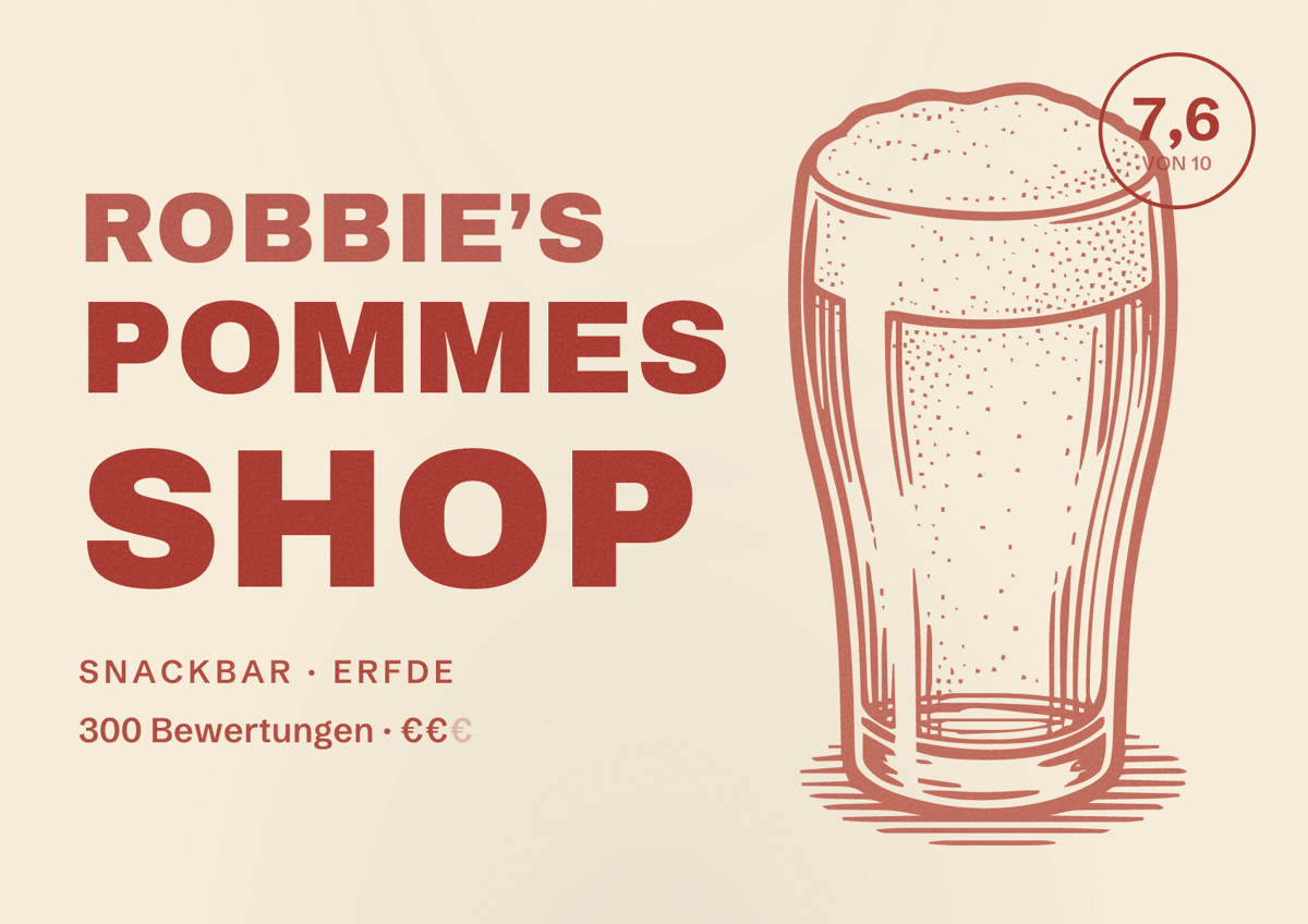 Illustriertes Poster von Robbie’s Pommes Shop, Snackbar in Erfde: Bewertung 7,6 von 10 aus 300 Bewertungen, Preisniveau €€