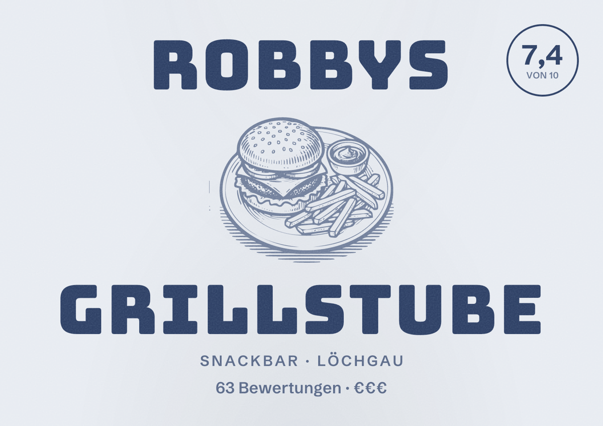 Illustriertes Poster von Robbys Grillstube, Snackbar in Löchgau: Bewertung 7,4 von 10 aus 63 Bewertungen, Preisniveau €€€