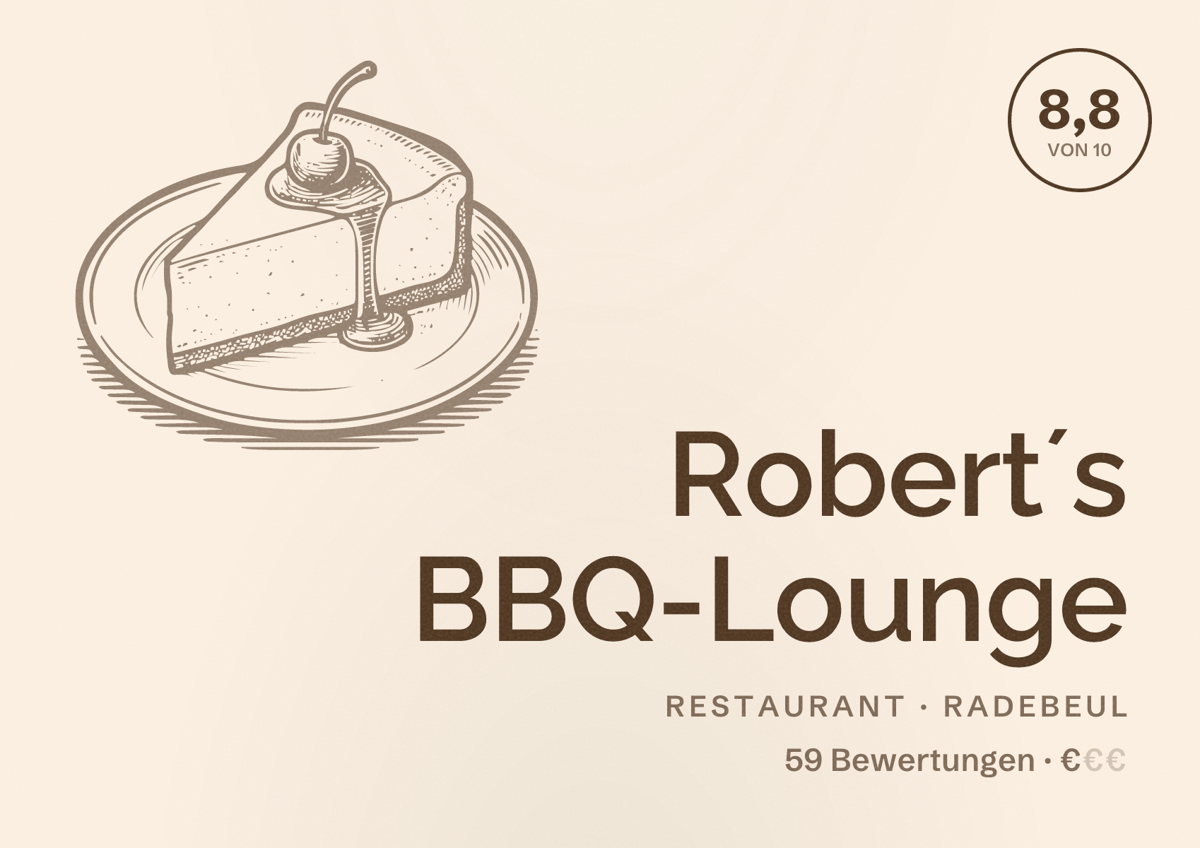 Illustriertes Poster von Robert´s BBQ-Lounge, Restaurant in Radebeul: Bewertung 8,8 von 10 aus 59 Bewertungen, Preisniveau €