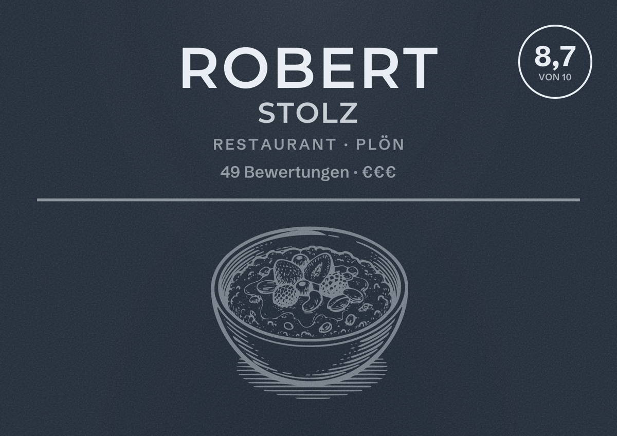 Illustriertes Poster von Robert Stolz, Restaurant in Plön: Bewertung 8,7 von 10 aus 49 Bewertungen, Preisniveau €€€