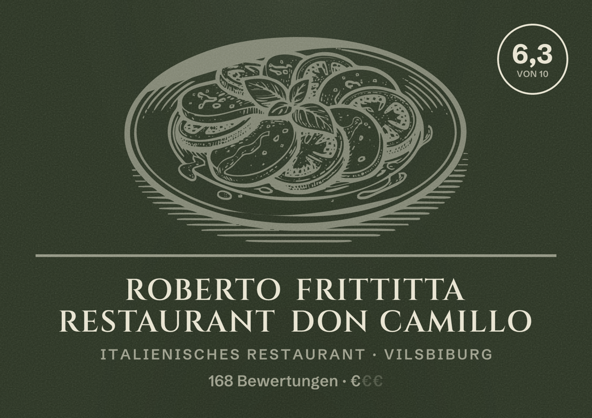 Illustriertes Poster von Roberto Frittitta Restaurant Don Camillo, Italienisches Restaurant in Vilsbiburg: Bewertung 6,3 von 10 aus 168 Bewertungen, Preisniveau €