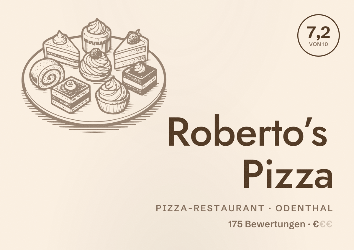Illustriertes Poster von Roberto’s Pizza, Pizza-Restaurant in Odenthal: Bewertung 7,2 von 10 aus 175 Bewertungen, Preisniveau €