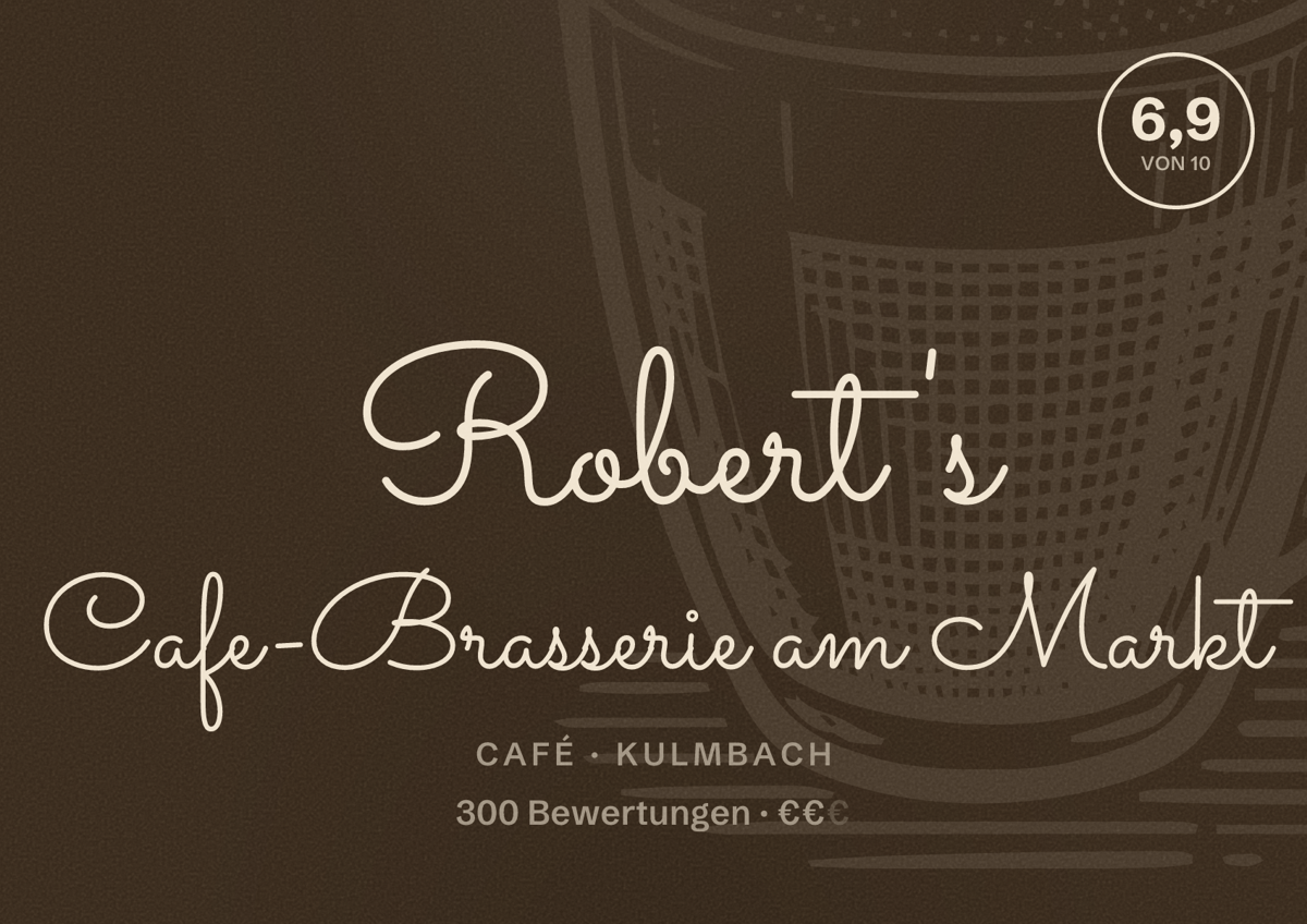 Illustriertes Poster von Robert's Cafe-Brasserie am Markt, Café in Kulmbach: Bewertung 6,9 von 10 aus 300 Bewertungen, Preisniveau €€