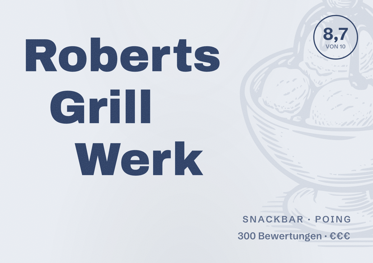 Illustriertes Poster von Roberts Grill Werk, Snackbar in Poing: Bewertung 8,7 von 10 aus 300 Bewertungen, Preisniveau €€€