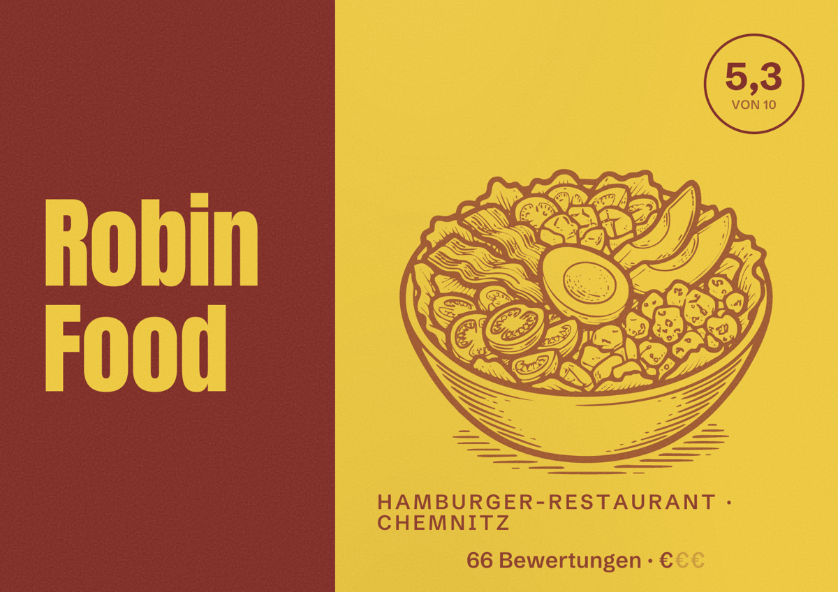 Illustriertes Poster von Robin Food, Hamburger-Restaurant in Chemnitz: Bewertung 5,3 von 10 aus 66 Bewertungen, Preisniveau €