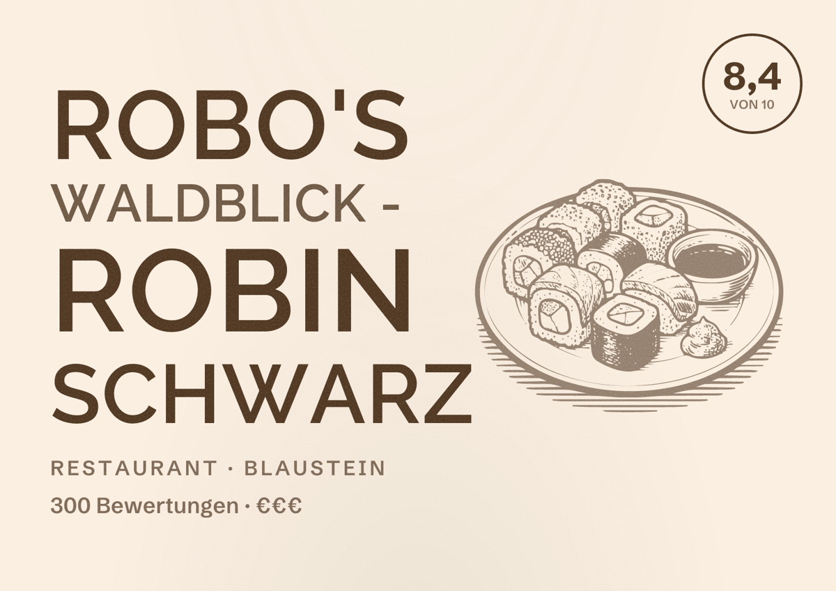 Illustriertes Poster von Robo's Waldblick - Robin Schwarz, Restaurant in Blaustein: Bewertung 8,4 von 10 aus 300 Bewertungen, Preisniveau €€€
