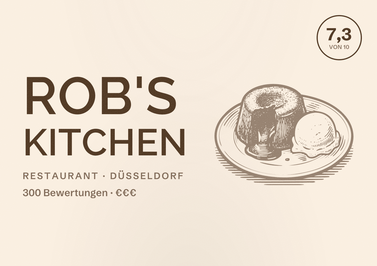 Illustriertes Poster von Rob's Kitchen, Restaurant in Düsseldorf: Bewertung 7,3 von 10 aus 300 Bewertungen, Preisniveau €€€