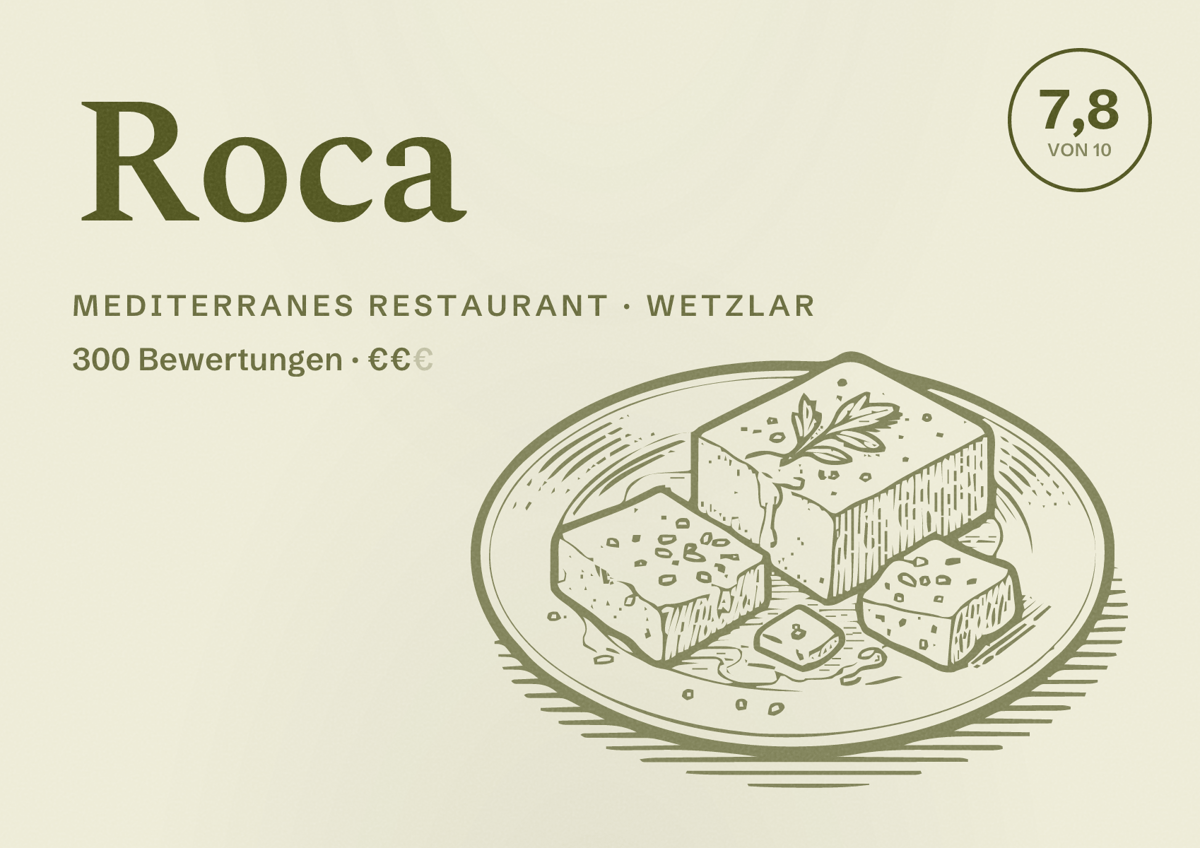 Illustriertes Poster von Roca, Mediterranes Restaurant in Wetzlar: Bewertung 7,8 von 10 aus 300 Bewertungen, Preisniveau €€
