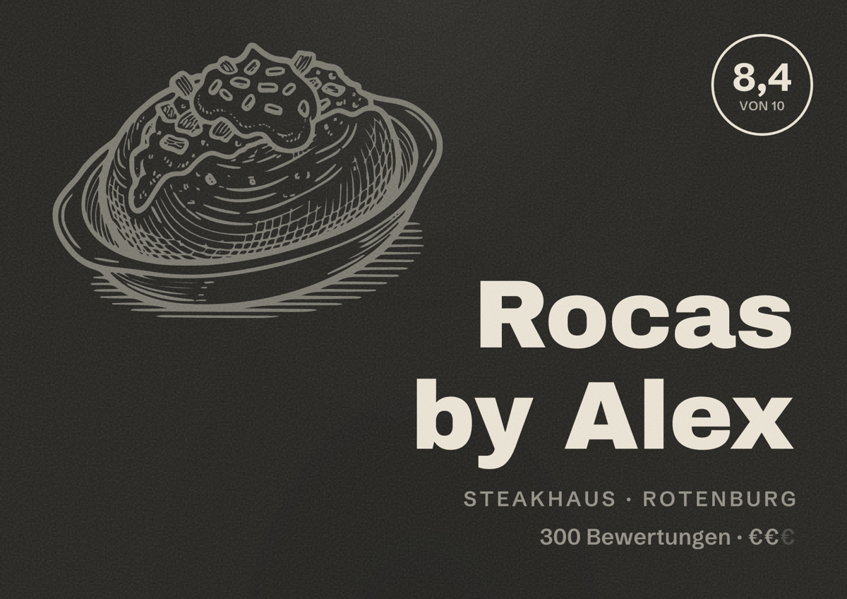 Illustriertes Poster von Rocas by Alex, Steakhaus in Rotenburg: Bewertung 8,4 von 10 aus 300 Bewertungen, Preisniveau €€