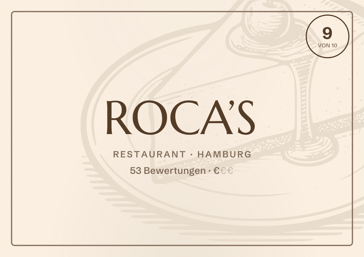 Illustriertes Poster von ROCA’S, Restaurant in Hamburg: Bewertung 9,0 von 10 aus 53 Bewertungen, Preisniveau €