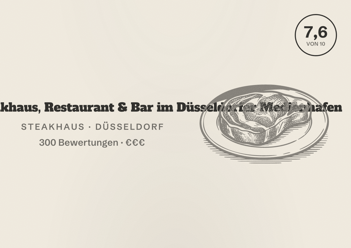 Illustriertes Poster von ROCCA 800°C | Steakhaus, Restaurant & Bar im Düsseldorfer Medienhafen, Steakhaus in Düsseldorf: Bewertung 7,6 von 10 aus 300 Bewertungen, Preisniveau €€€