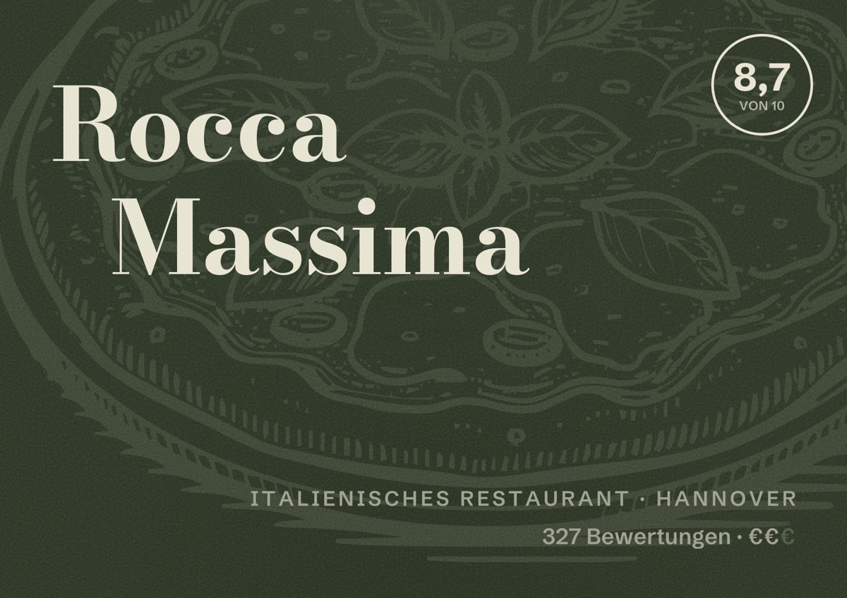 Illustriertes Poster von Rocca Massima, Italienisches Restaurant in Hannover: Bewertung 8,7 von 10 aus 327 Bewertungen, Preisniveau €€