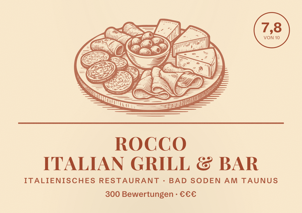 Illustriertes Poster von Rocco Italian Grill & Bar, Italienisches Restaurant in Bad Soden am Taunus: Bewertung 7,8 von 10 aus 300 Bewertungen, Preisniveau €€€