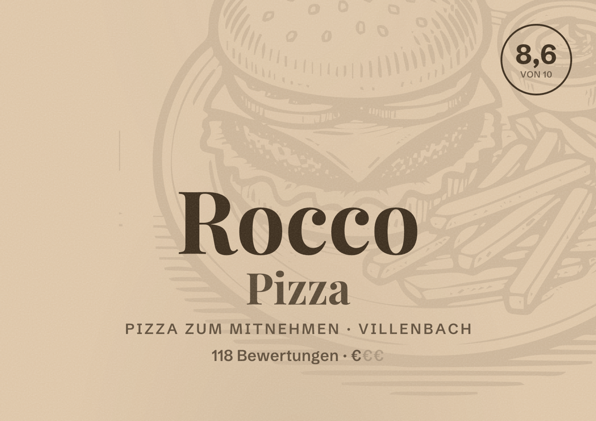 Illustriertes Poster von Rocco Pizza, Pizza zum Mitnehmen in Villenbach: Bewertung 8,6 von 10 aus 118 Bewertungen, Preisniveau €
