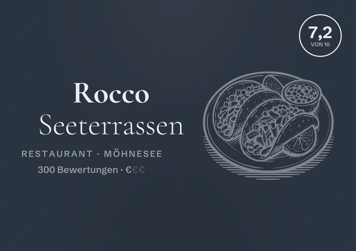 Illustriertes Poster von Rocco Seeterrassen, Restaurant in Möhnesee: Bewertung 7,2 von 10 aus 300 Bewertungen, Preisniveau €