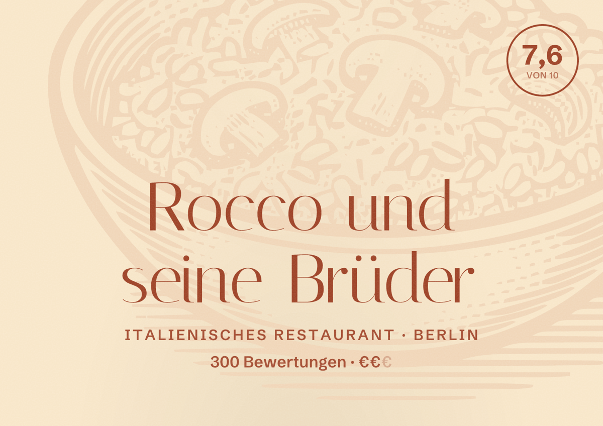 Illustriertes Poster von Rocco und seine Brüder, Italienisches Restaurant in Berlin: Bewertung 7,6 von 10 aus 300 Bewertungen, Preisniveau €€