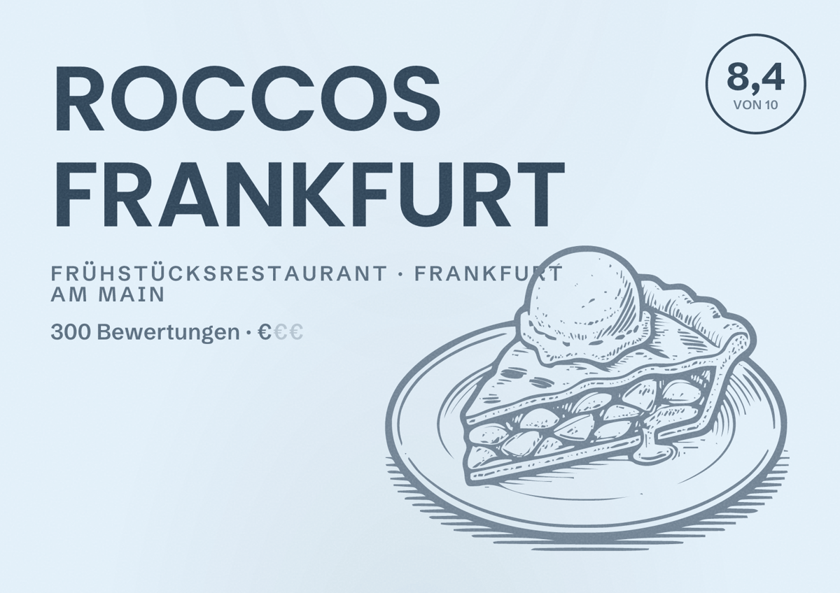 Illustriertes Poster von ROCCOS FRANKFURT, Frühstücksrestaurant in Frankfurt am Main: Bewertung 8,4 von 10 aus 300 Bewertungen, Preisniveau €