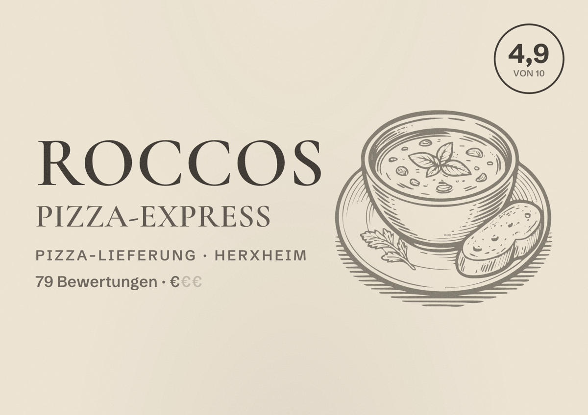Illustriertes Poster von Roccos Pizza-Express, Pizza-Lieferung in Herxheim: Bewertung 4,9 von 10 aus 79 Bewertungen, Preisniveau €