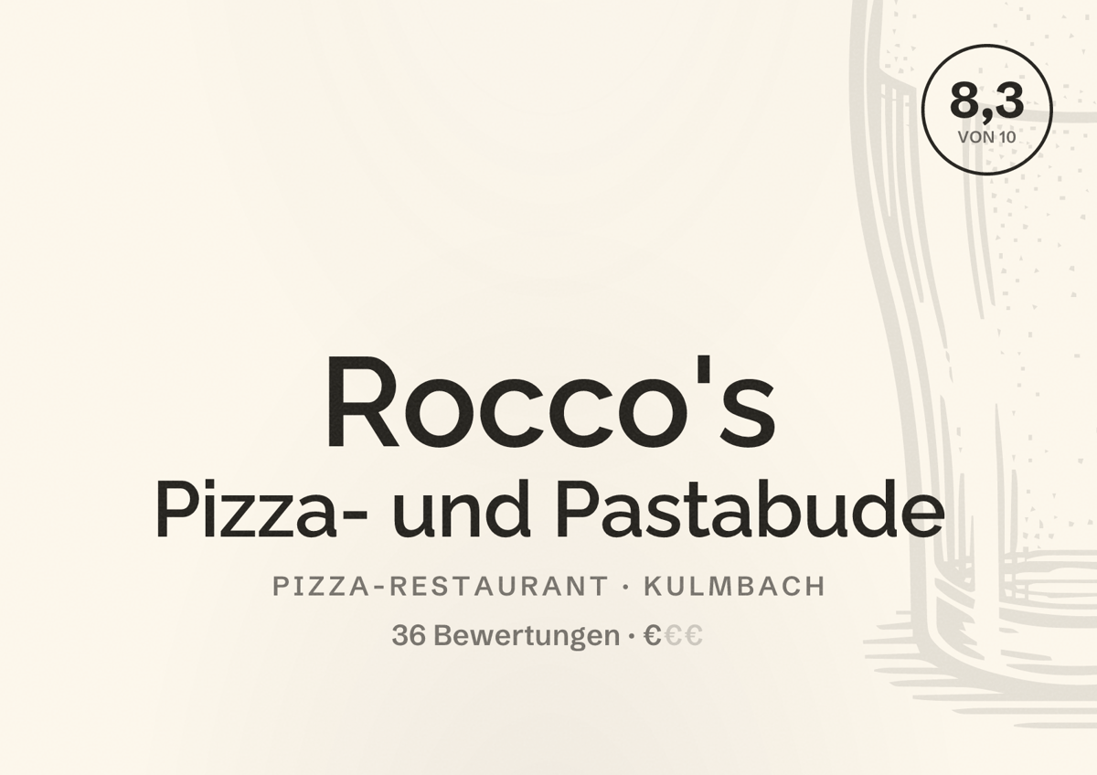 Illustriertes Poster von Rocco's Pizza- und Pastabude, Pizza-Restaurant in Kulmbach: Bewertung 8,3 von 10 aus 36 Bewertungen, Preisniveau €