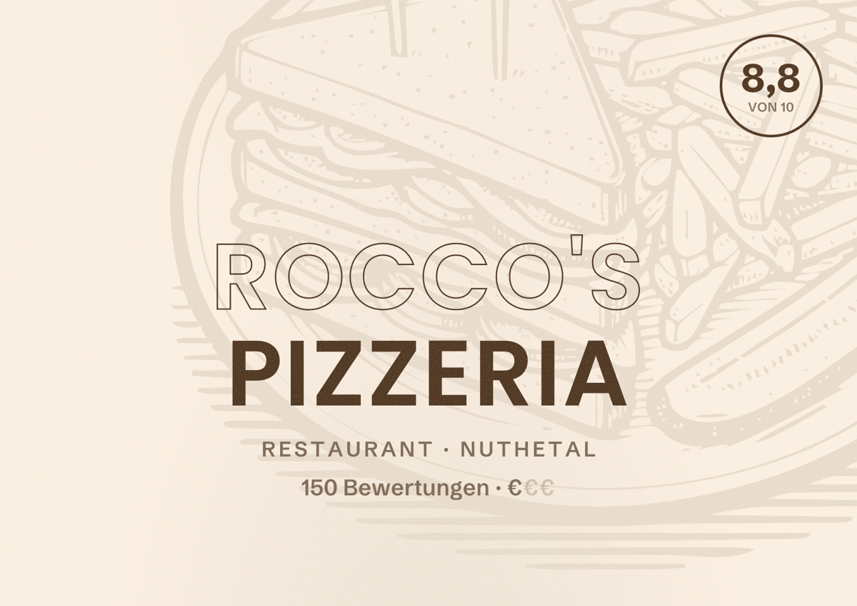 Illustriertes Poster von Rocco's Pizzeria, Restaurant in Nuthetal: Bewertung 8,8 von 10 aus 150 Bewertungen, Preisniveau €
