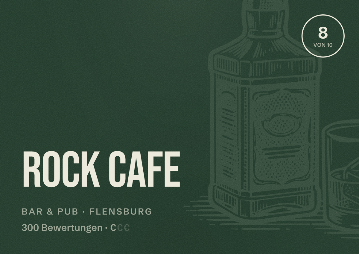 Illustriertes Poster von Rock Cafe, Bar & Pub in Flensburg: Bewertung 8 von 10 aus 300 Bewertungen, Preisniveau €