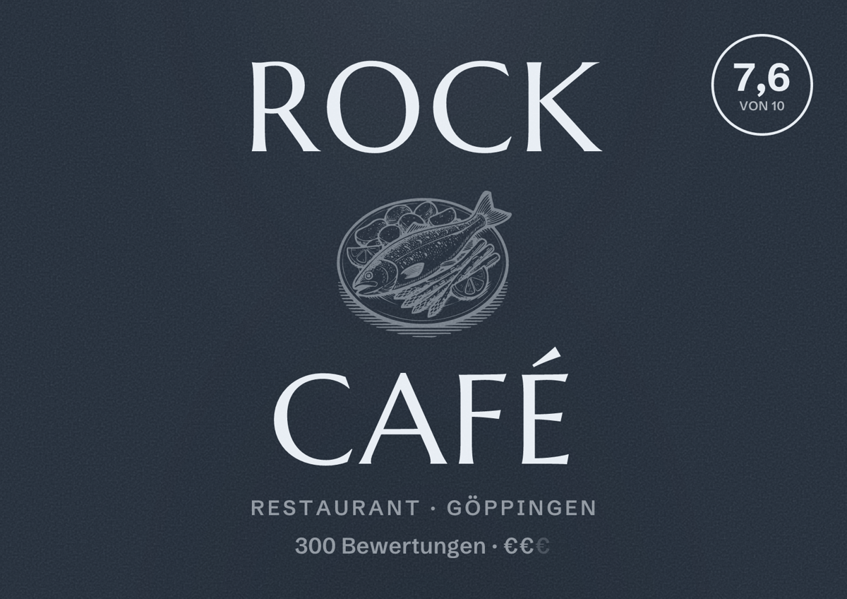Illustriertes Poster von Rock Café, Restaurant in Göppingen: Bewertung 7,6 von 10 aus 300 Bewertungen, Preisniveau €€