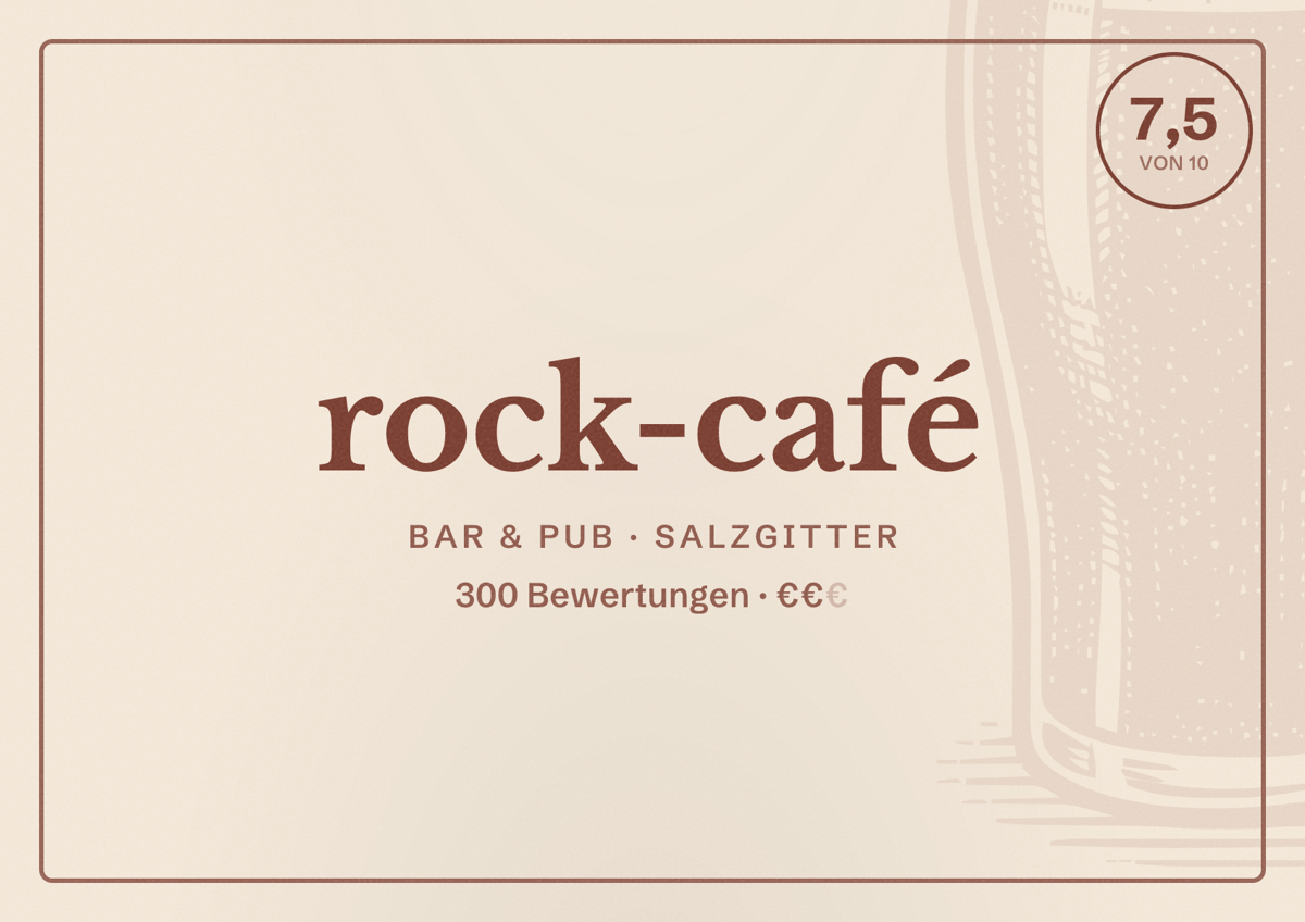 Illustriertes Poster von rock-café, Bar & Pub in Salzgitter: Bewertung 7,5 von 10 aus 300 Bewertungen, Preisniveau €€