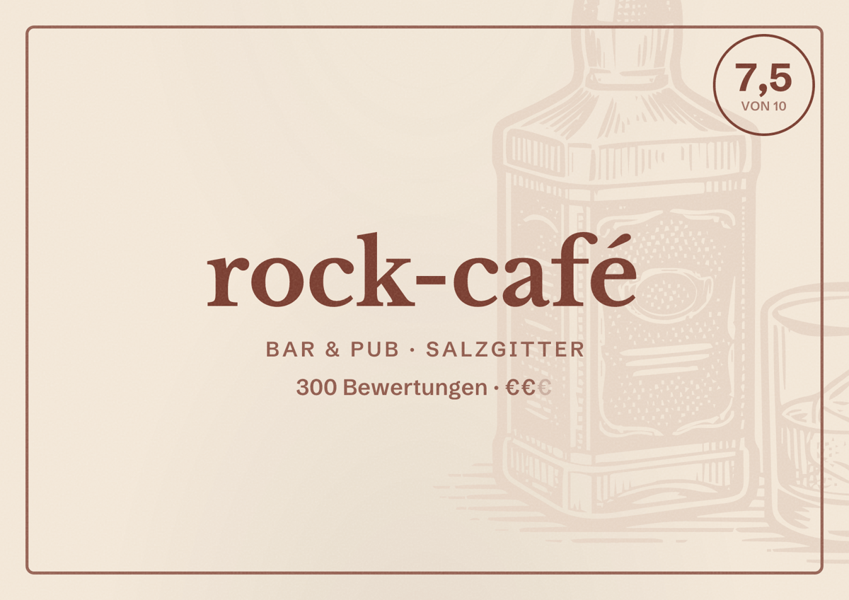 Illustriertes Poster von rock-café, Bar & Pub in Salzgitter: Bewertung 7,5 von 10 aus 300 Bewertungen, Preisniveau €€
