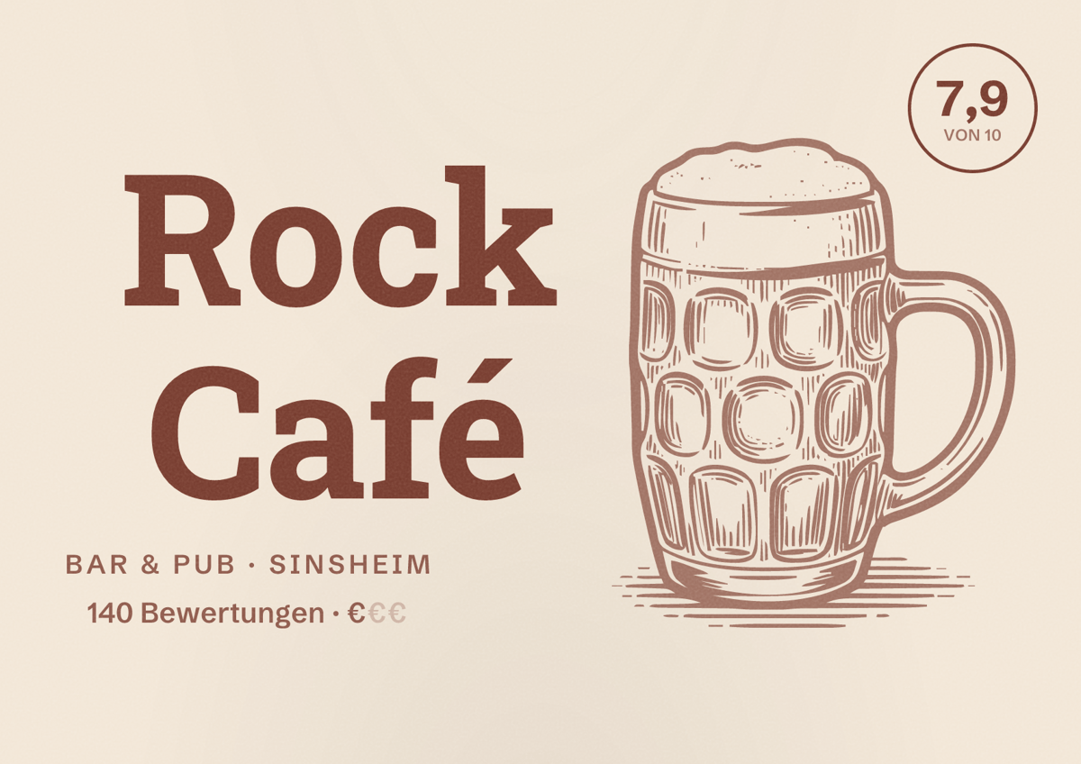 Illustriertes Poster von Rock Café, Bar & Pub in Sinsheim: Bewertung 7,9 von 10 aus 140 Bewertungen, Preisniveau €