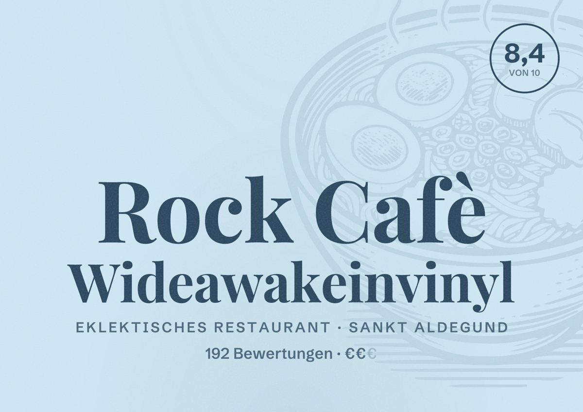 Illustriertes Poster von Rock Cafè Wideawakeinvinyl, Eklektisches Restaurant in Sankt Aldegund: Bewertung 8,4 von 10 aus 192 Bewertungen, Preisniveau €€