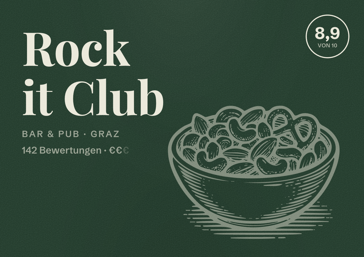 Illustriertes Poster von Rock it Club, Bar & Pub in Graz: Bewertung 8,9 von 10 aus 142 Bewertungen, Preisniveau €€