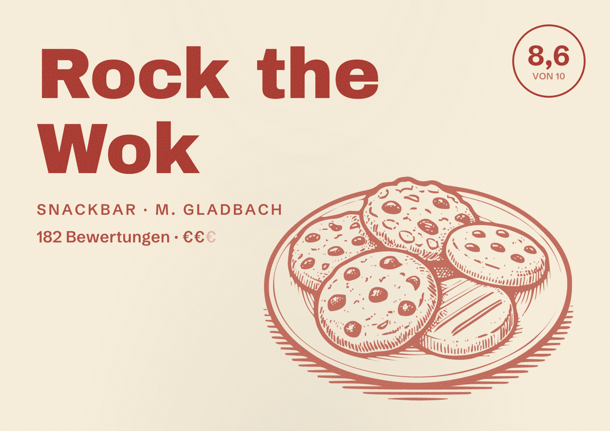 Illustriertes Poster von Rock the Wok, Snackbar in M. Gladbach: Bewertung 8,6 von 10 aus 182 Bewertungen, Preisniveau €€