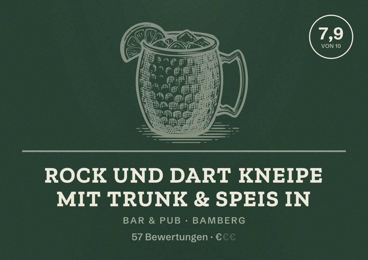 Illustriertes Poster von Rock und Dart kneipe mit trunk & Speis in, Bar & Pub in Bamberg: Bewertung 7,9 von 10 aus 57 Bewertungen, Preisniveau €