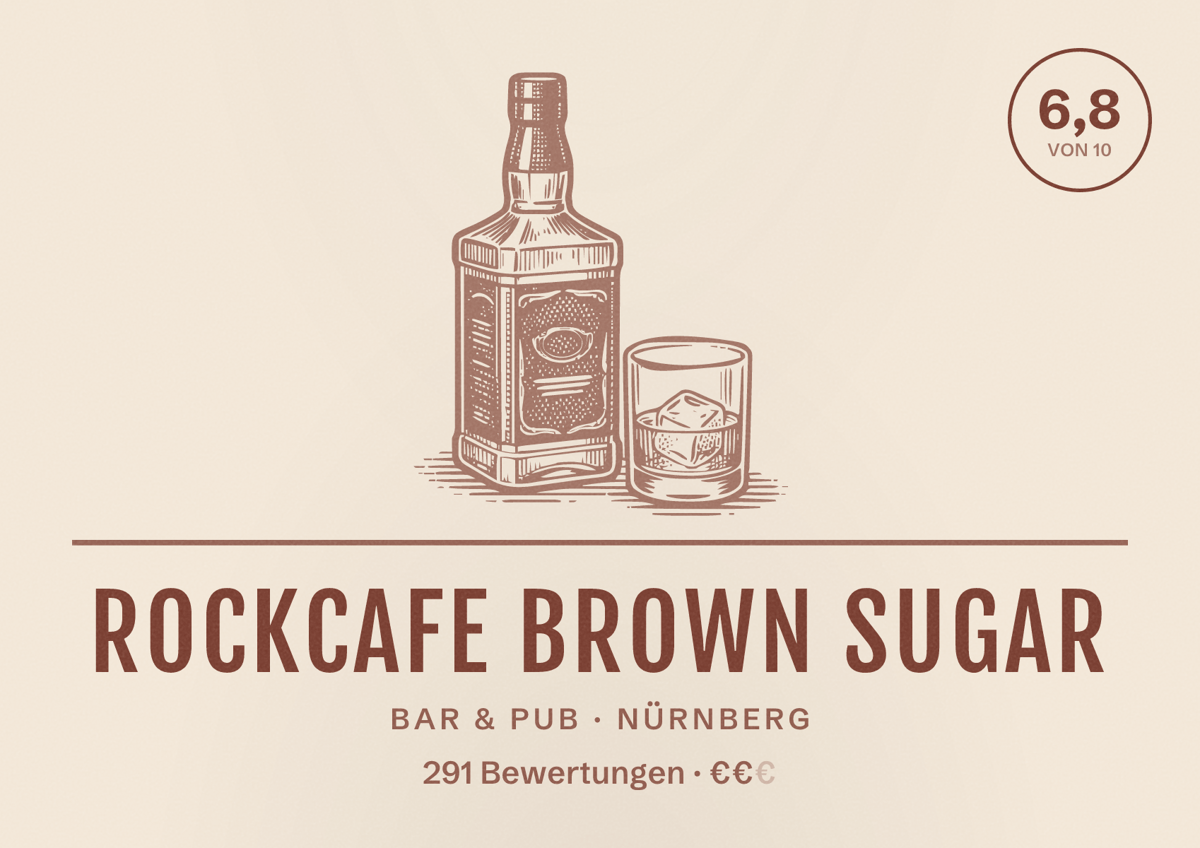 Illustriertes Poster von Rockcafe Brown Sugar, Bar & Pub in Nürnberg: Bewertung 6,8 von 10 aus 291 Bewertungen, Preisniveau €€
