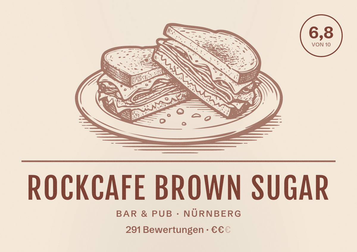 Illustriertes Poster von Rockcafe Brown Sugar, Bar & Pub in Nürnberg: Gästebewertung 6,8 von 10 aus 291 Bewertungen