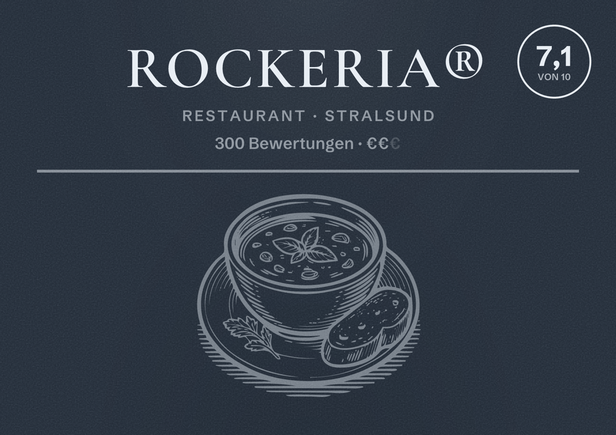 Illustriertes Poster von Rockeria®, Restaurant in Stralsund: Bewertung 7,1 von 10 aus 300 Bewertungen, Preisniveau €€