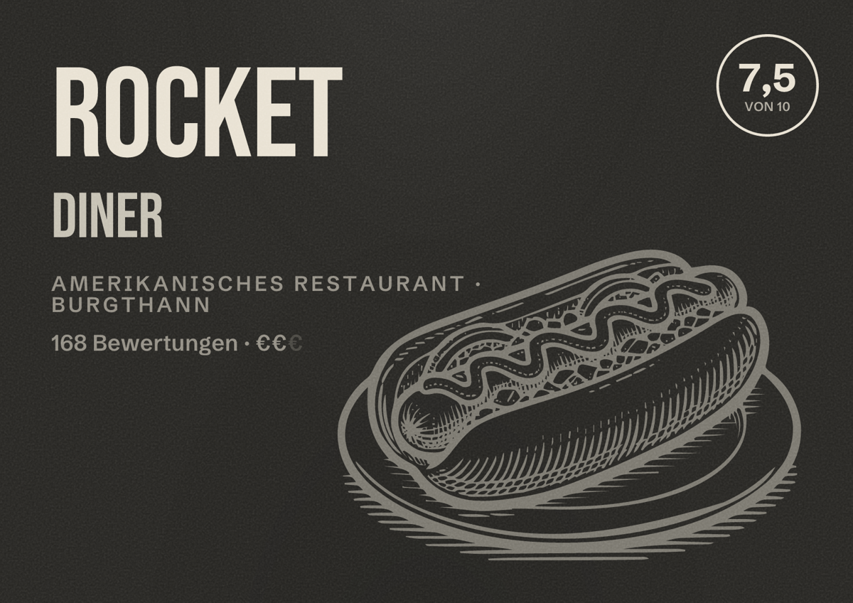 Illustriertes Poster von Rocket Diner, Amerikanisches Restaurant in Burgthann: Bewertung 7,5 von 10 aus 168 Bewertungen, Preisniveau €€