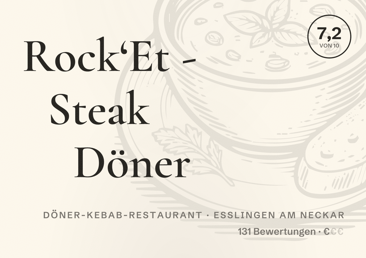 Illustriertes Poster von Rock‘Et - Steak Döner, Döner-Kebab-Restaurant in Esslingen am Neckar: Bewertung 7,2 von 10 aus 131 Bewertungen, Preisniveau €