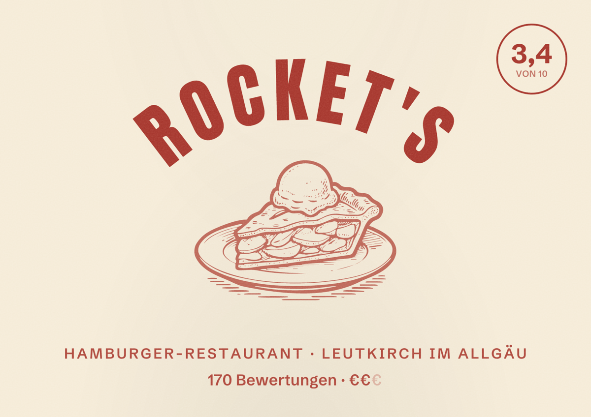 Illustriertes Poster von ROCKET'S, Hamburger-Restaurant in Leutkirch im Allgäu: Bewertung 3,4 von 10 aus 170 Bewertungen, Preisniveau €€