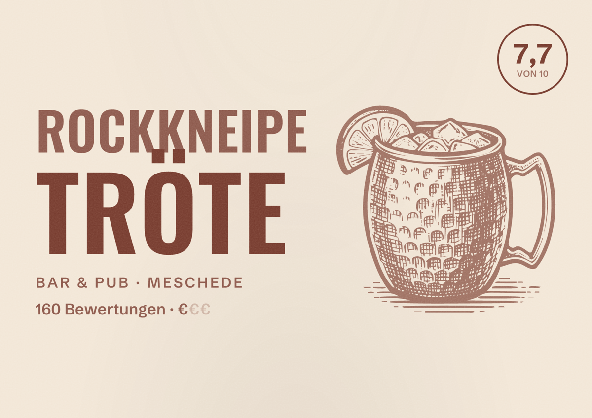 Illustriertes Poster von Rockkneipe Tröte, Bar & Pub in Meschede: Bewertung 7,7 von 10 aus 160 Bewertungen, Preisniveau €