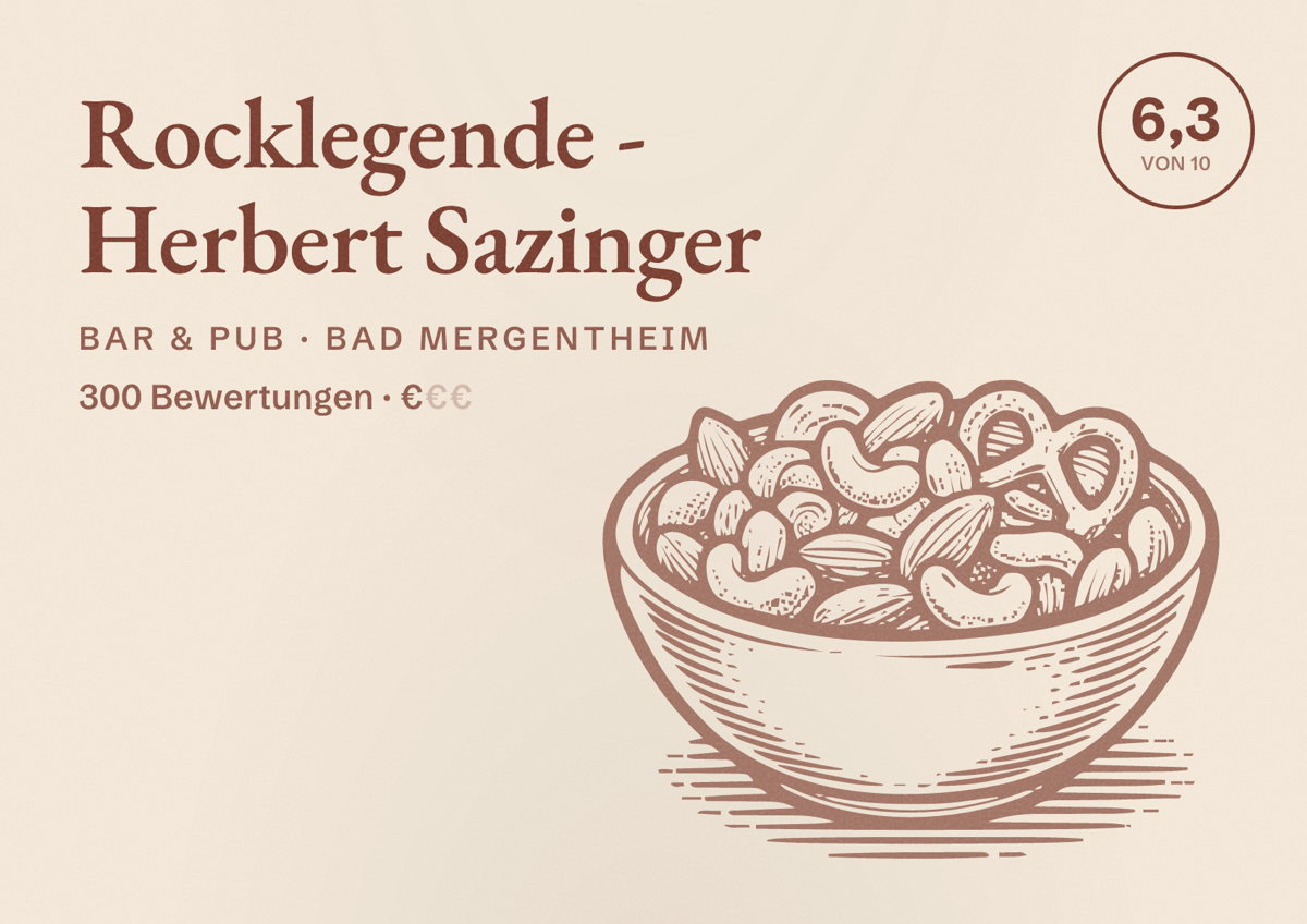 Illustriertes Poster von Rocklegende - Herbert Sazinger, Bar & Pub in Bad Mergentheim: Bewertung 6,3 von 10 aus 300 Bewertungen, Preisniveau €