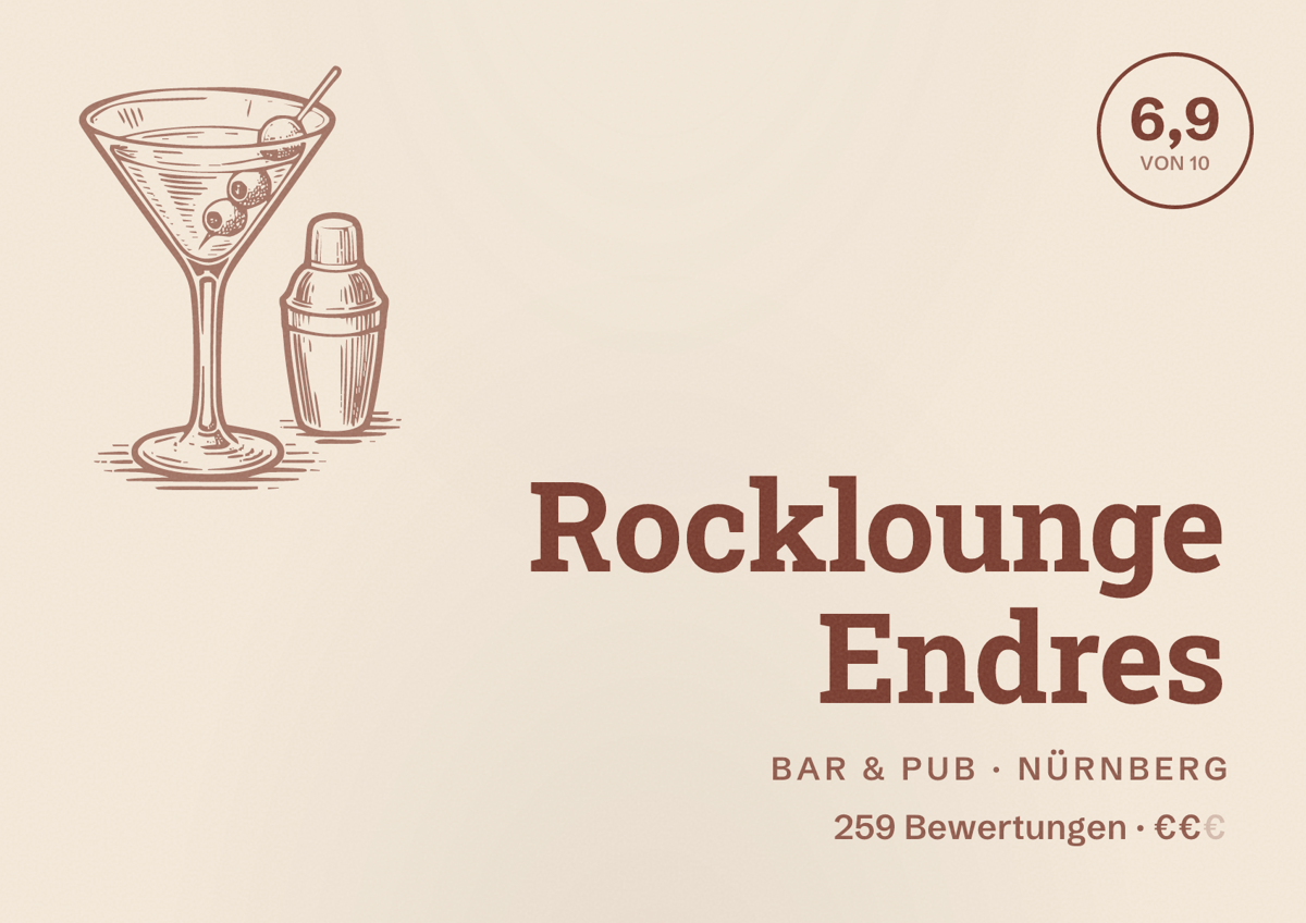 Illustriertes Poster von Rocklounge Endres, Bar & Pub in Nürnberg: Bewertung 6,9 von 10 aus 259 Bewertungen, Preisniveau €€