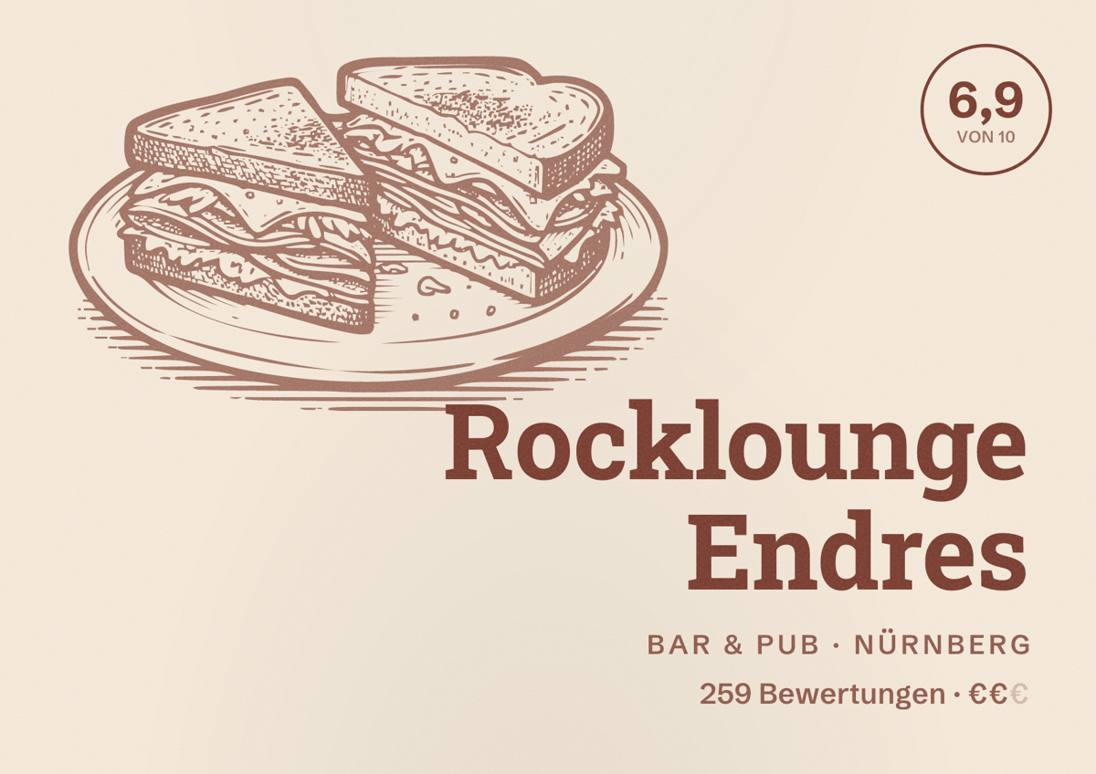 Illustriertes Poster von Rocklounge Endres, Bar & Pub in Nürnberg: Bewertung 6,9 von 10 aus 259 Bewertungen, Preisniveau €€