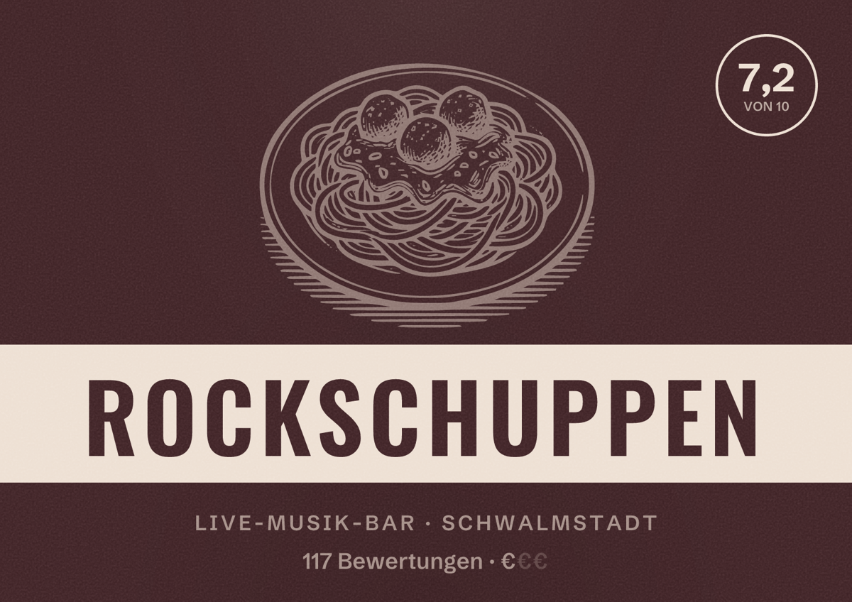 Illustriertes Poster von Rockschuppen, Live-Musik-Bar in Schwalmstadt: Bewertung 7,2 von 10 aus 117 Bewertungen, Preisniveau €