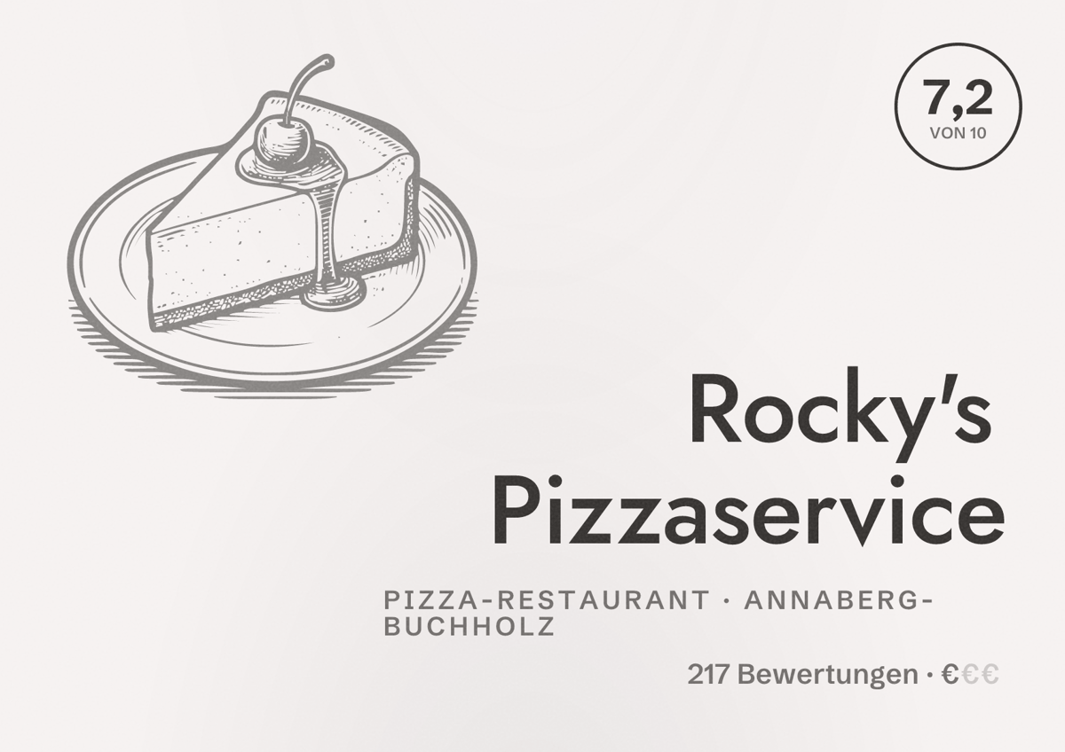 Illustriertes Poster von Rocky's Pizzaservice, Pizza-Restaurant in Annaberg-Buchholz: Bewertung 7,2 von 10 aus 217 Bewertungen, Preisniveau €