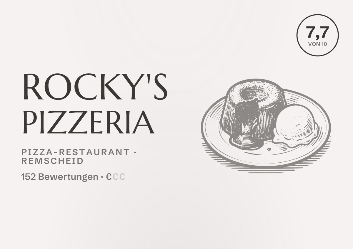 Illustriertes Poster von Rocky's Pizzeria, Pizza-Restaurant in Remscheid: Bewertung 7,7 von 10 aus 152 Bewertungen, Preisniveau €