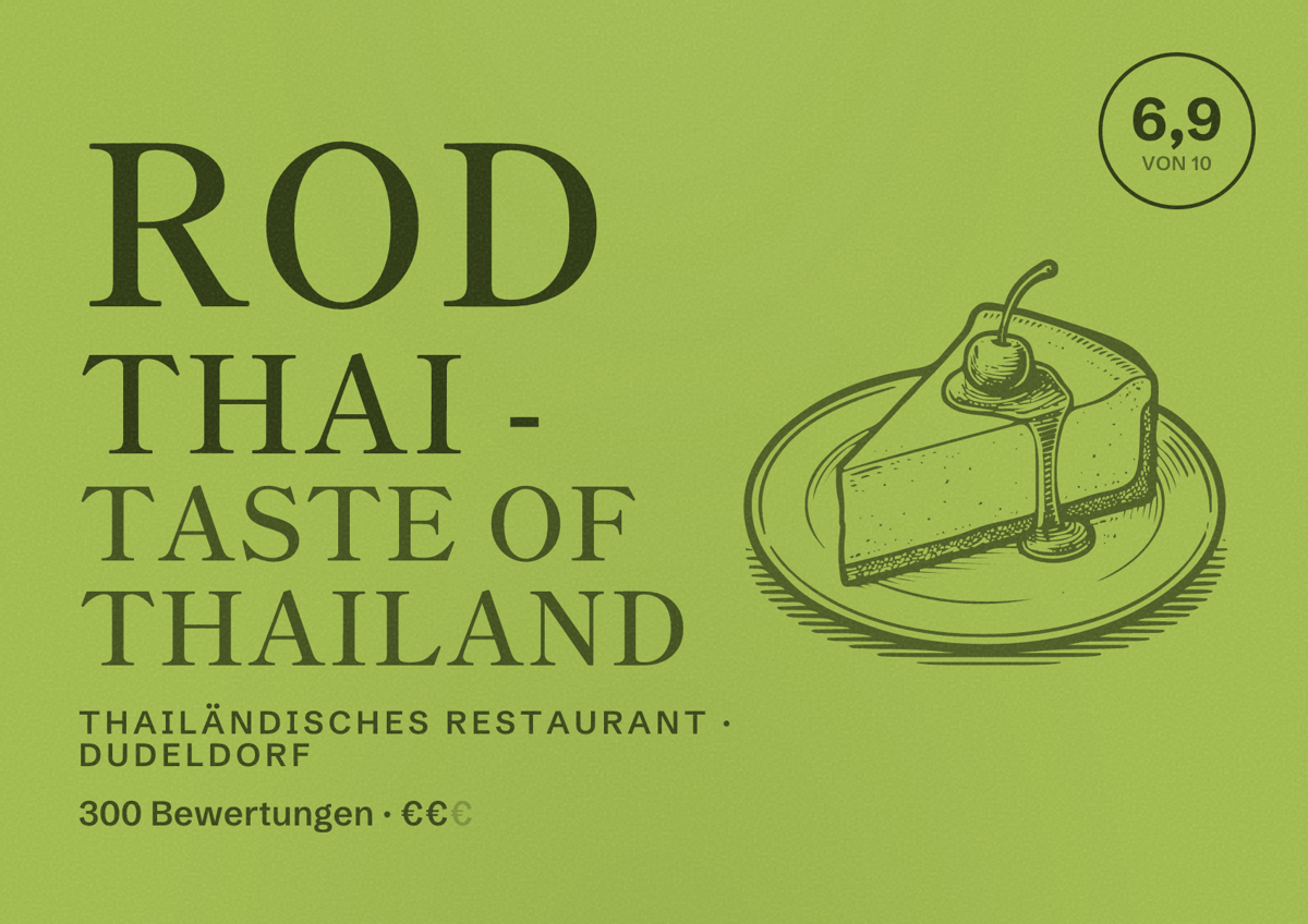 Illustriertes Poster von Rod Thai - Taste of Thailand, Thailändisches Restaurant in Dudeldorf: Bewertung 6,9 von 10 aus 300 Bewertungen, Preisniveau €€
