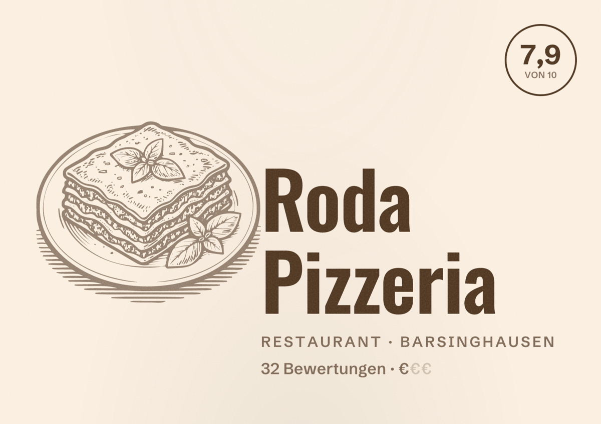 Illustriertes Poster von Roda Pizzeria, Restaurant in Barsinghausen: Bewertung 7,9 von 10 aus 32 Bewertungen, Preisniveau €