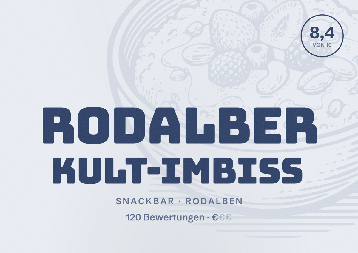 Illustriertes Poster von Rodalber Kult-Imbiss, Snackbar in Rodalben: Bewertung 8,4 von 10 aus 120 Bewertungen, Preisniveau €